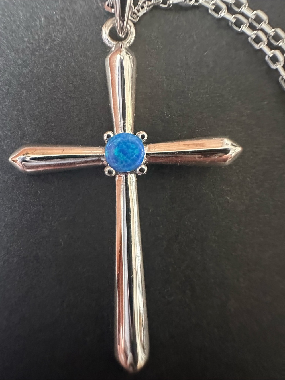 Sterling Silver Cross Pendant Necklace with Blue Opal Accent